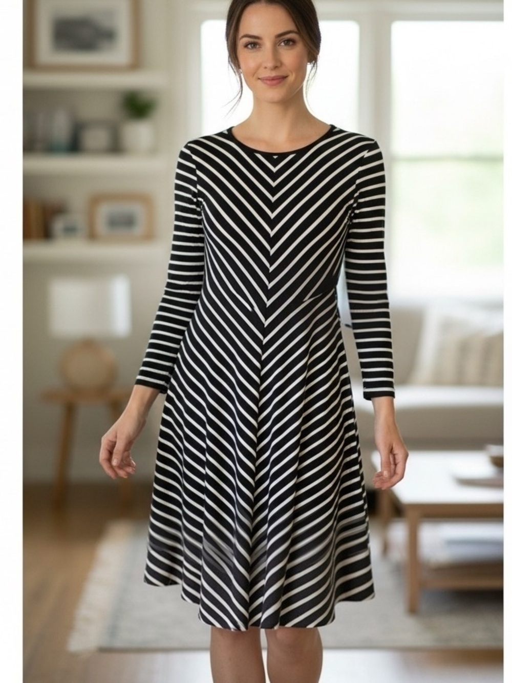Spense V Stripes Blk/Wht Dress 3/4 Sleeve Light Weight Dress Women's SZ Petite M